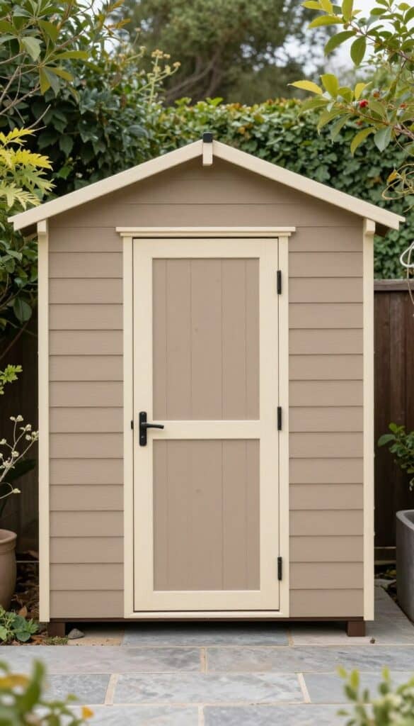 Shed painted in soft taupe blending with natural garden surroundings
