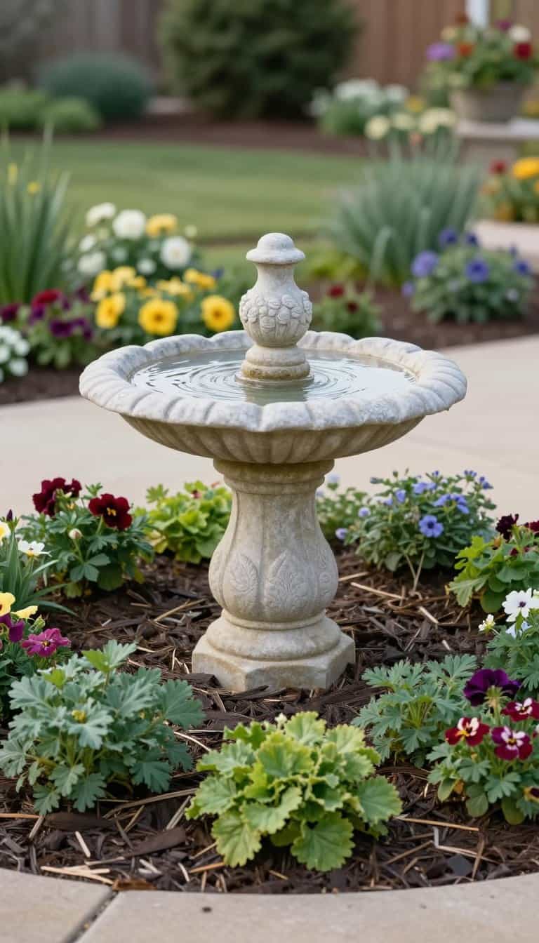 Stone bird bath centered in circular garden bed surrounded by low-growing perennials and ground cover plants creating layered texture