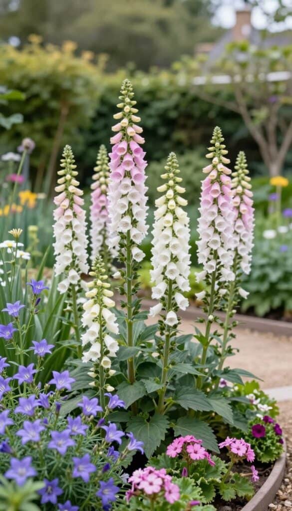Tall foxglove flowers in pink and white creating vertical interest in narrow cottage garden bed