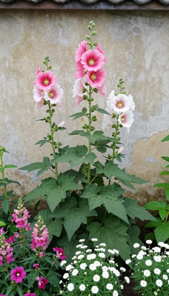 Tall hollyhocks with pink blooms growing against cottage garden wall with snapdragons below