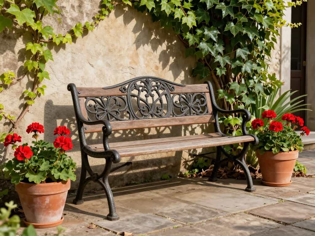 Vintage cast iron and wood garden bench on stone patio with potted plants