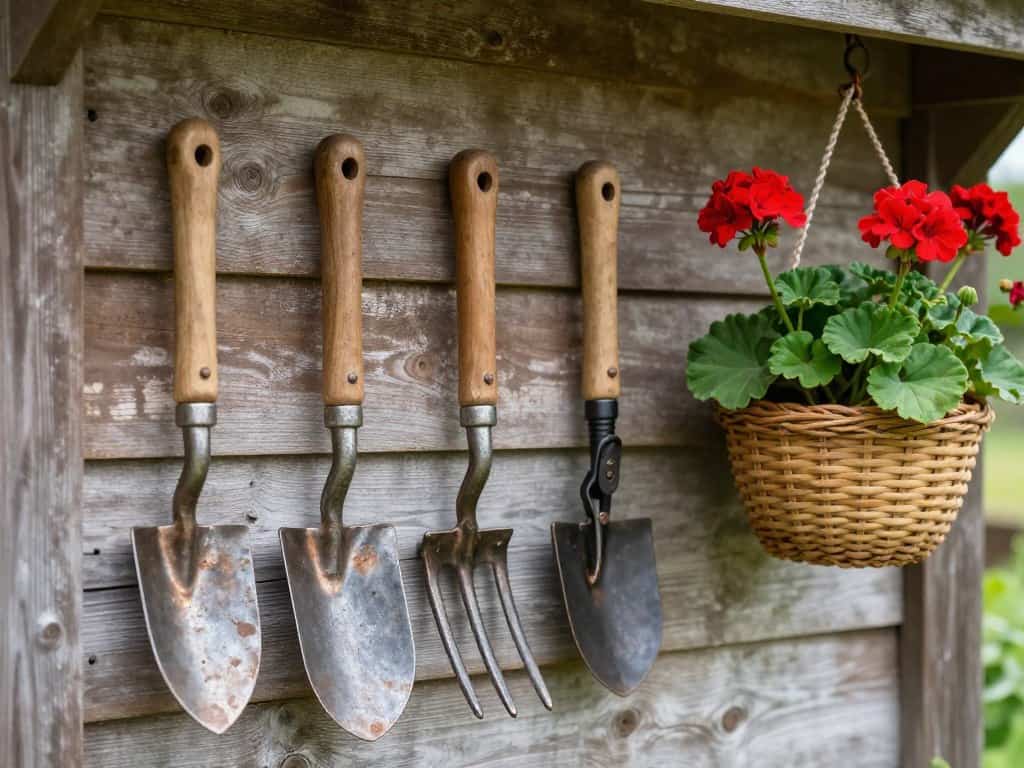 Vintage garden tools arranged as wall art on barn wood with hanging flower baskets