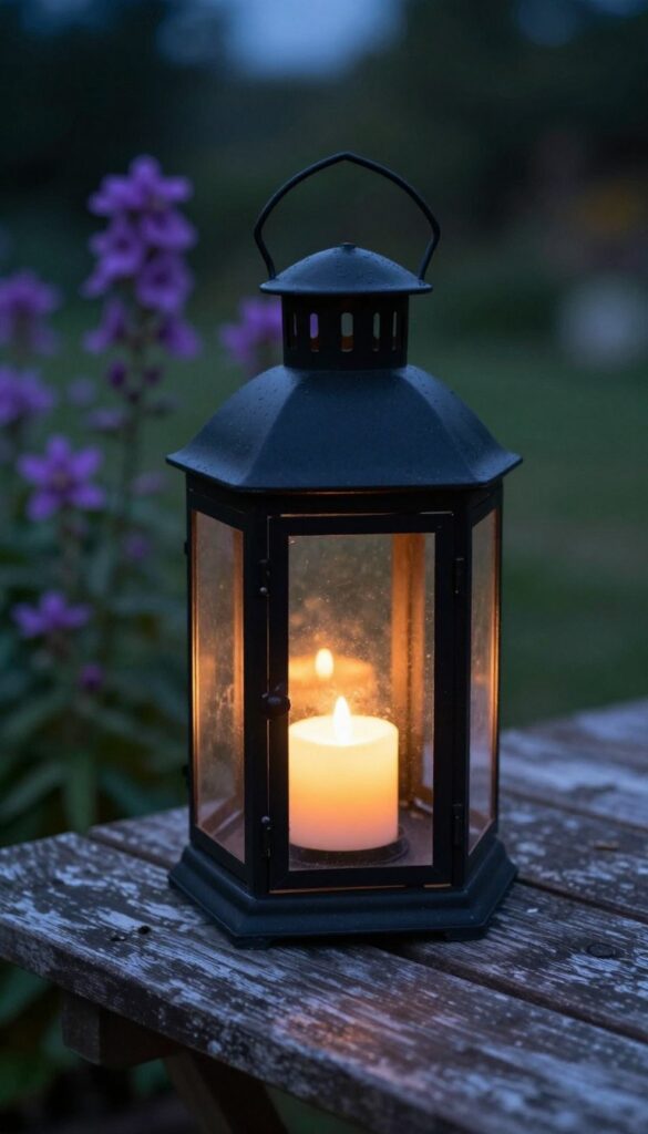 Vintage metal lantern with candle glowing on garden table at dusk