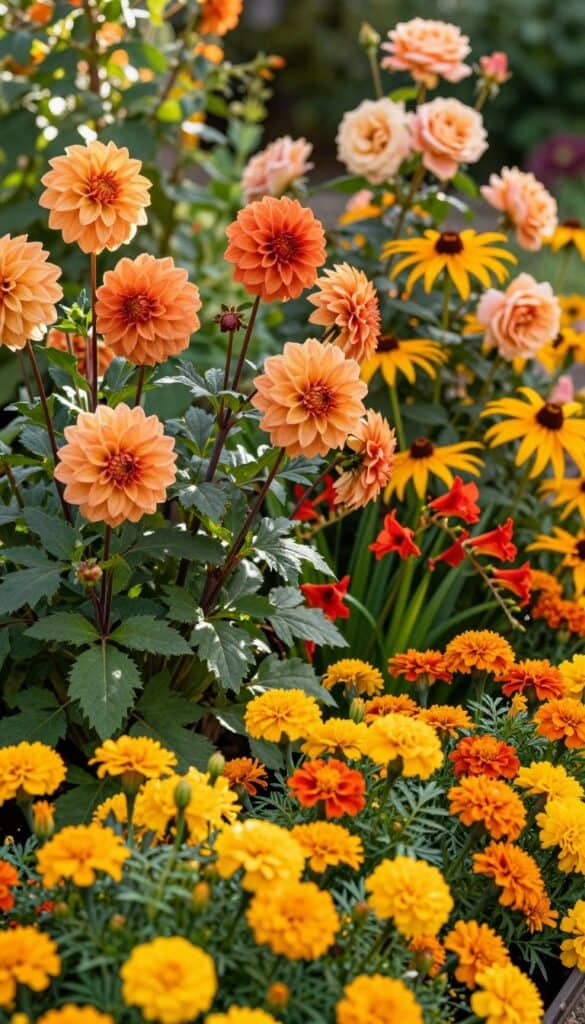 Warm-toned garden border featuring orange, red, and golden yellow flowers including dahlias and rudbeckia in vibrant summer display