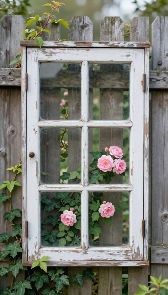 Weathered vintage window frame mounted on garden fence with climbing vines growing through