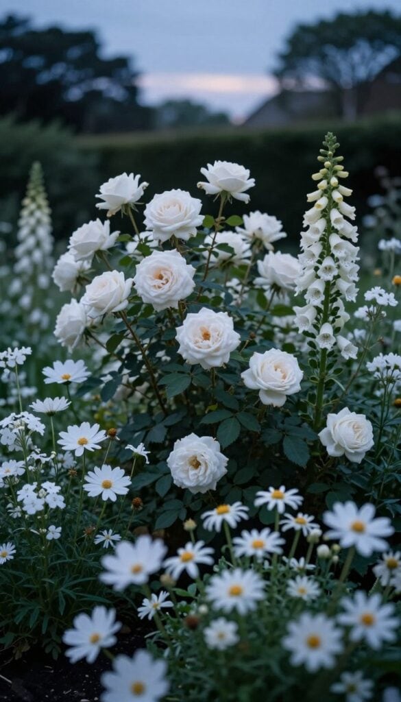White flower garden border photographed at dusk showing luminous white blooms including roses, phlox, and cosmos glowing in fading light
