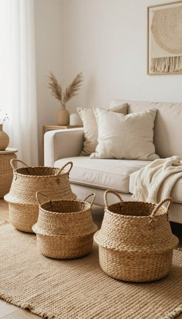 Woven rattan baskets and natural texture accents