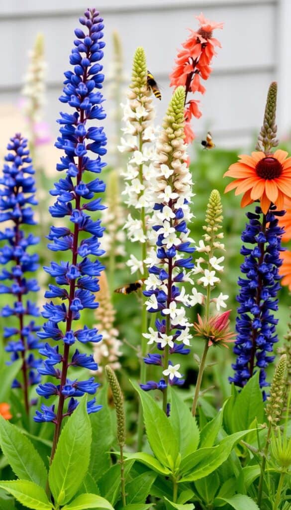 blue salvia with orange agastache and white gaura creating airy cottage garden combination