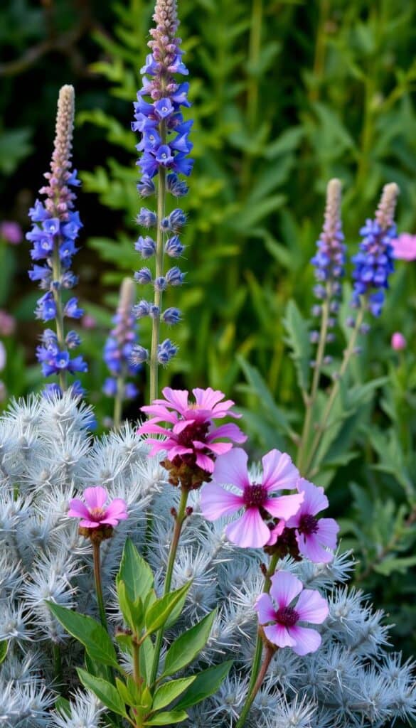 blue veronica spikes with silver lamb's ear foliage and pink dianthus flowers
