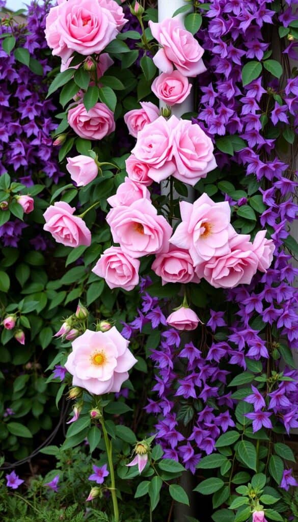 climbing roses intertwined with clematis vines and lady's mantle at base in cottage garden