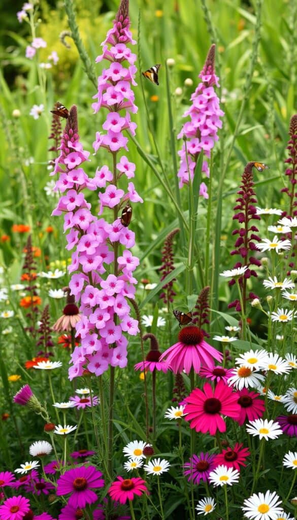 cottage garden perennial combinations showing tall phlox with bee balm and white shasta daisies