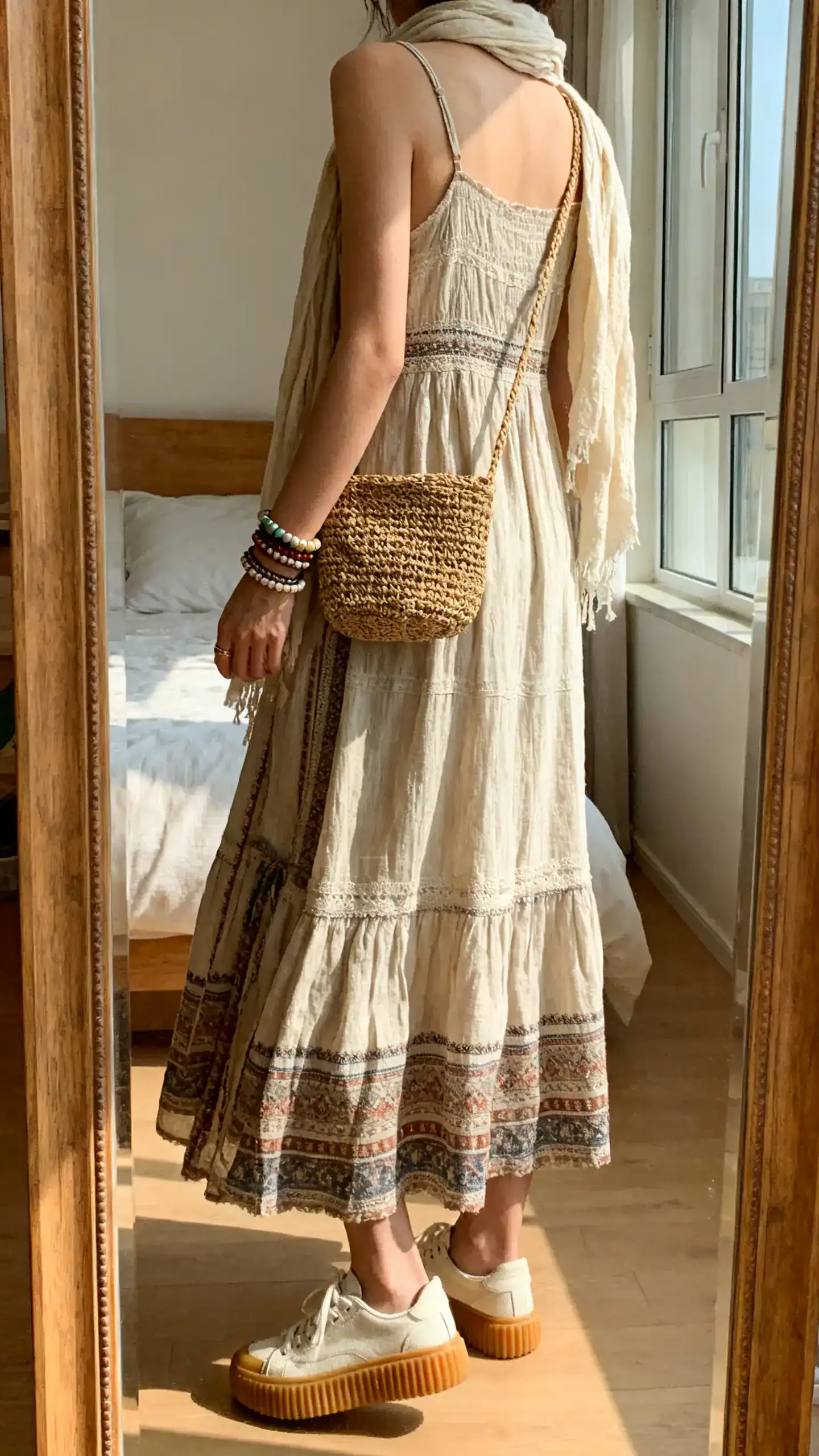 iPhone back-view mirror shot of a woman wearing a boho maxi dress with gum-sole sneakers, layered bracelets, woven crossbody, light scarf draped; face not visible, bedroom mirror, warm afternoon window light, iPhone photo quality.