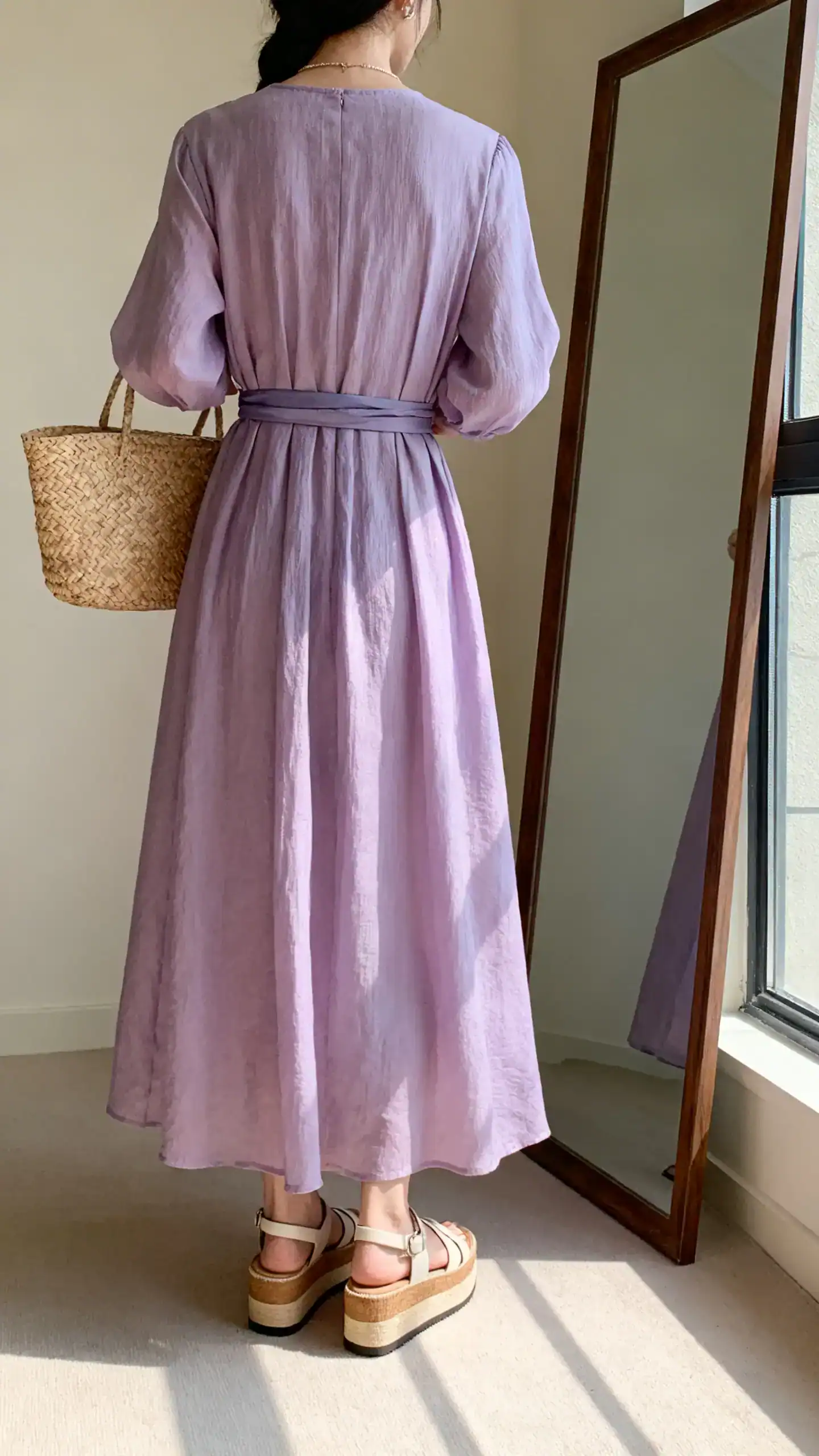 iPhone back view of a woman in a lavender maxi dress cinched with a belt, platform sandals and a woven bag, face not visible, full-length mirror near window, soft daylight, iPhone photo quality