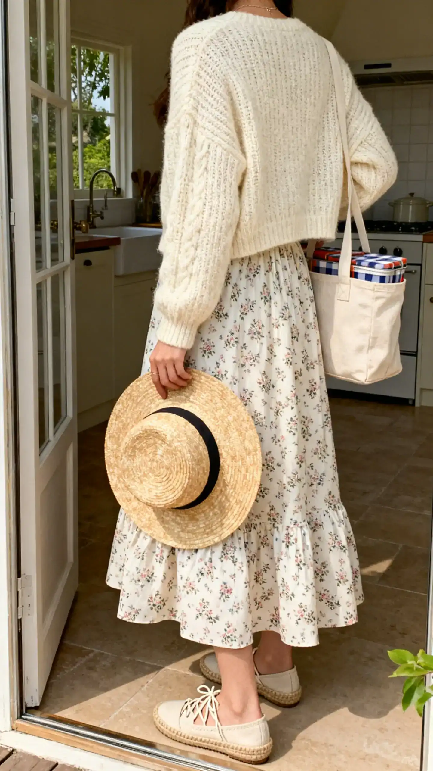 iPhone back view of a woman wearing a ditsy floral tea dress layered with a chunky cream cardigan, lace-up flat espadrilles, wide-brim straw hat in hand, and a canvas picnic tote; face not visible, kitchen-to-patio doorway mirror, gentle morning light, iPhone photo quality.