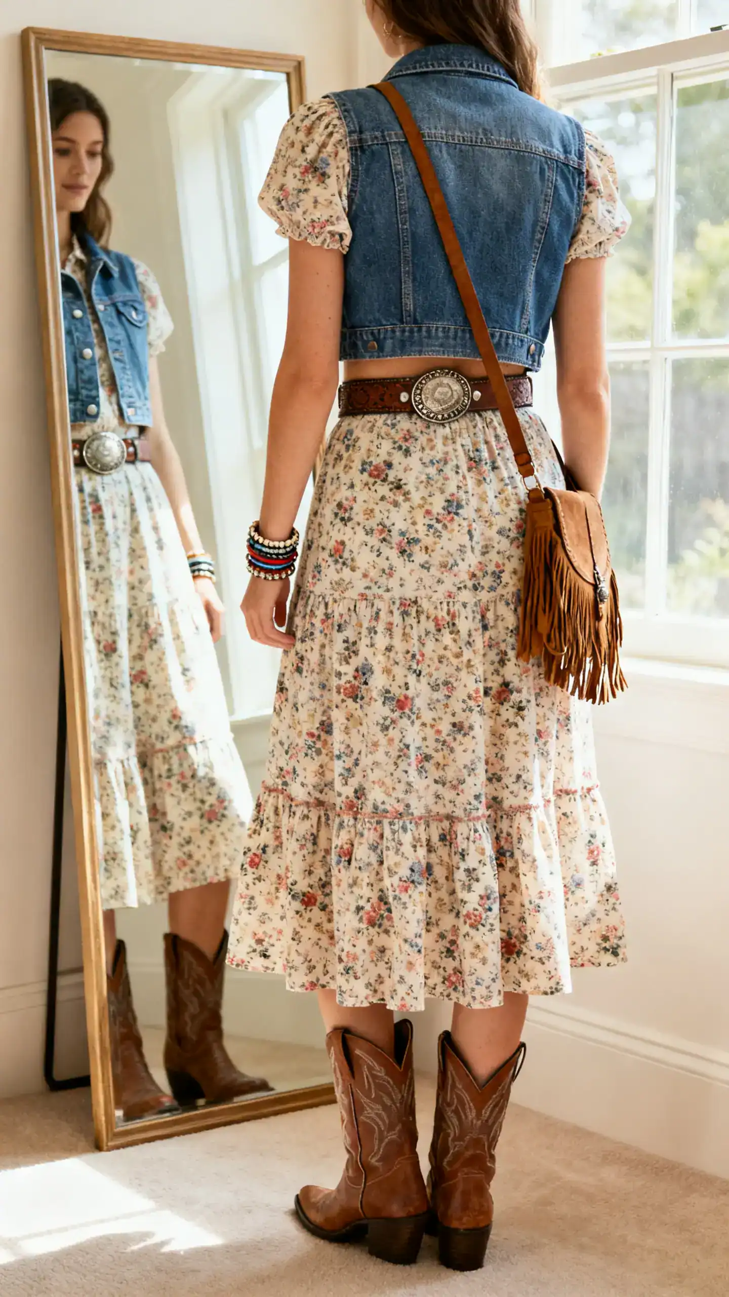 iPhone back view of a woman wearing a floral tea dress with a cropped denim vest, western ankle boots, concho belt, fringe crossbody, and stacked bracelets; face not visible, full-length mirror by window, bright daytime light, iPhone photo quality.