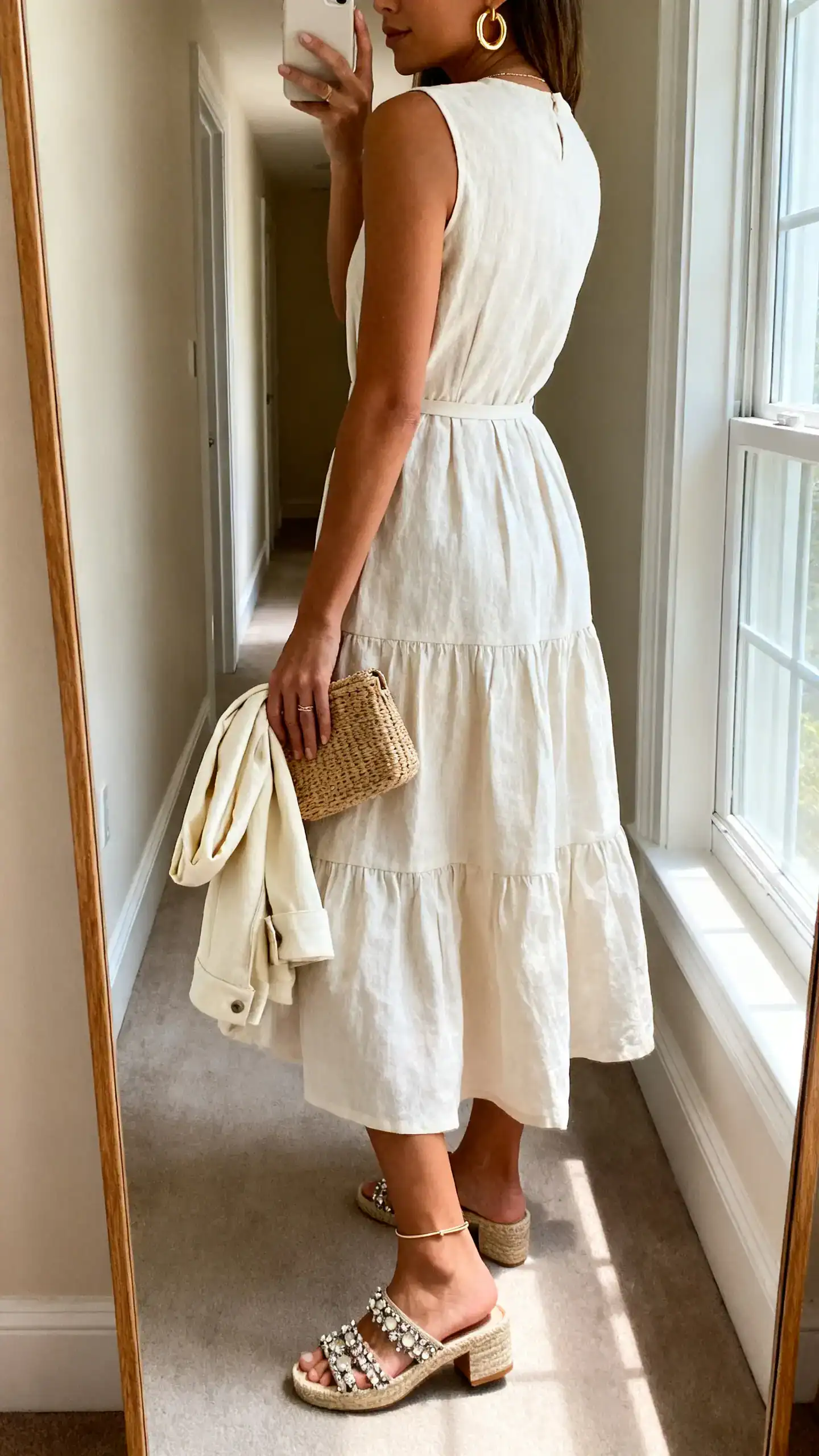 iPhone back-view selfie of a woman wearing a tiered midi sundress in cotton-poplin or crisp linen blend, embellished flat sandals or mid-heel espadrilles, a woven clutch or raffia mini, gold hoops, and a slim anklet; light wrap or cropped cream jacket in hand, face not visible, hallway mirror, natural window light.
