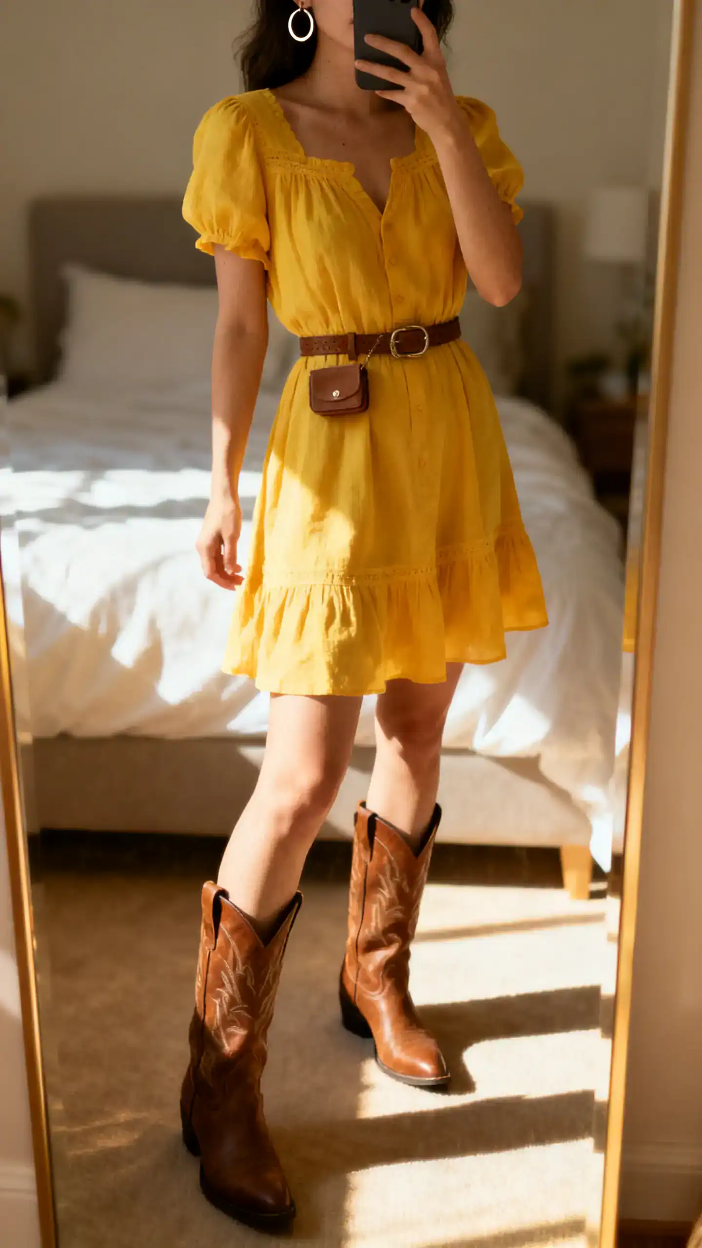 iPhone mirror selfie of a woman in a buttercup sundress with brown Western boots, simple hoop earrings and a small belt, face not visible, bedroom mirror, sunny morning light, iPhone photo quality