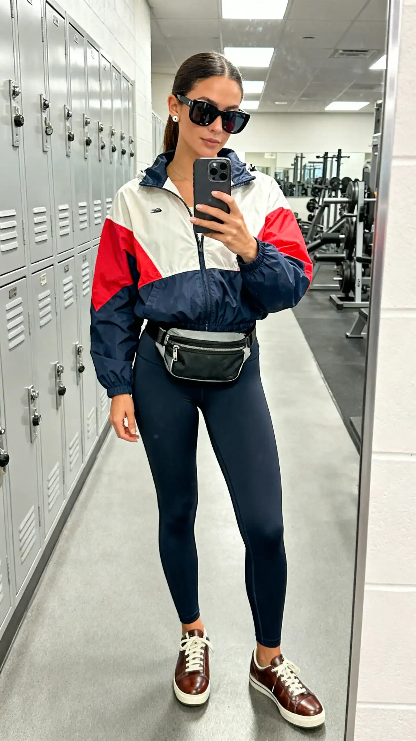 iPhone mirror selfie of a woman in a color-pop lightweight windbreaker over high-quality structured leggings, clean leather sneakers, a hands-free belt bag, oversized shades, and small stud earrings, face not visible, gym locker room mirror, bright indoor lighting, iPhone photo quality.