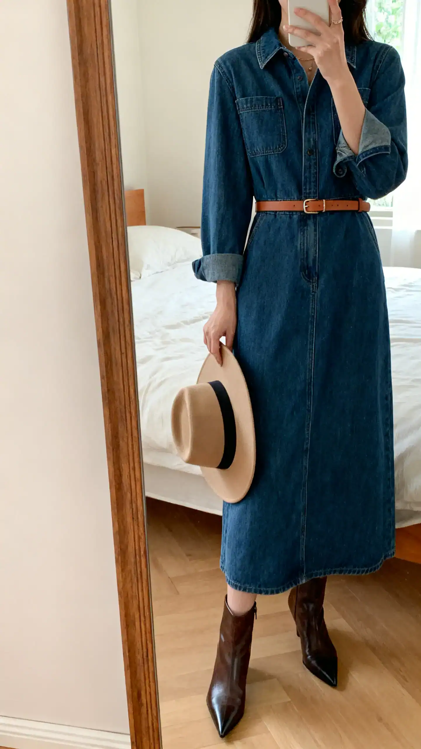 iPhone mirror selfie of a woman in a denim maxi dress styled with Western-polished details: a slim leather belt, pointed-toe ankle boots, and a structured hat in hand, face not visible, cropped at shoulders, bedroom mirror, natural light, iPhone photo quality