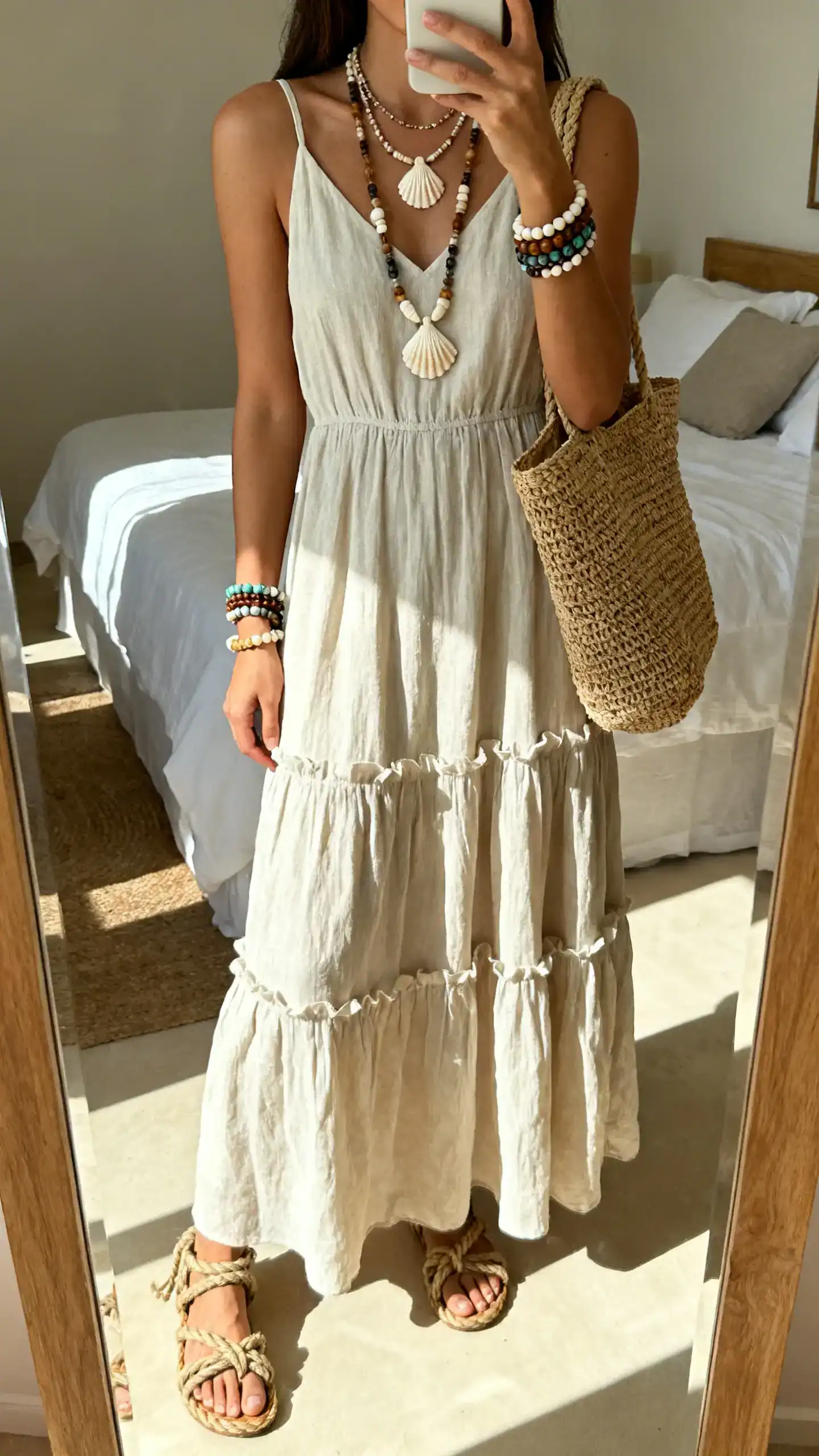 iPhone mirror selfie of a woman in a tiered maxi dress with rope sandals, layered beachy jewelry (shell necklace, beaded bracelets), and a straw tote, face not visible, full-length mirror in sunlit bedroom, iPhone photo quality