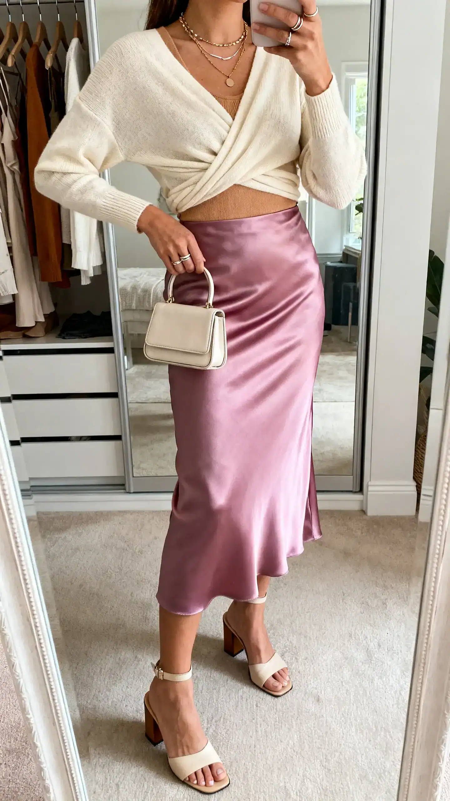 iPhone mirror selfie of a woman wearing a bias satin midi skirt (jewel tone or pastel), a wrap top or ballet-style knit in cream/tan/coordinated color, block-heel mules or ankle-strap sandals, layered necklaces, a delicate ring stack, and a structured mini bag; face not visible, cropped at neck, closet mirror, natural indoor light.
