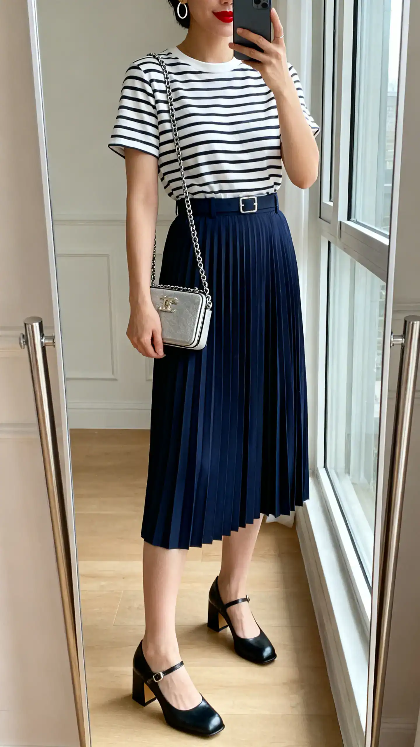 iPhone mirror selfie of a woman wearing a Breton striped tee tucked into a navy pleated midi skirt, block-heel Mary Janes, a compact chain-strap bag, simple hoops, and red lipstick applied (optional vibe), face not visible, cropped at shoulders, full-length mirror, natural window light, iPhone photo quality.