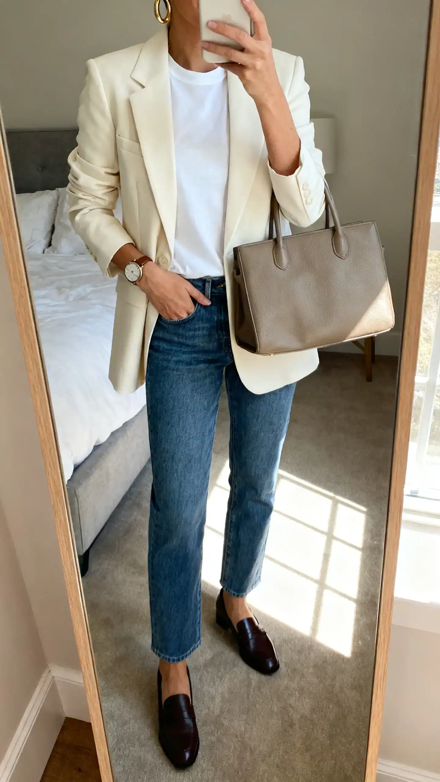 iPhone mirror selfie of a woman wearing a cream tailored blazer over a premium white cotton tee, straight-leg jeans, low-heel loafers, a structured leather tote, minimal gold hoops, and a classic watch, face not visible, cropped at neck, bedroom mirror, natural window light, iPhone photo quality.