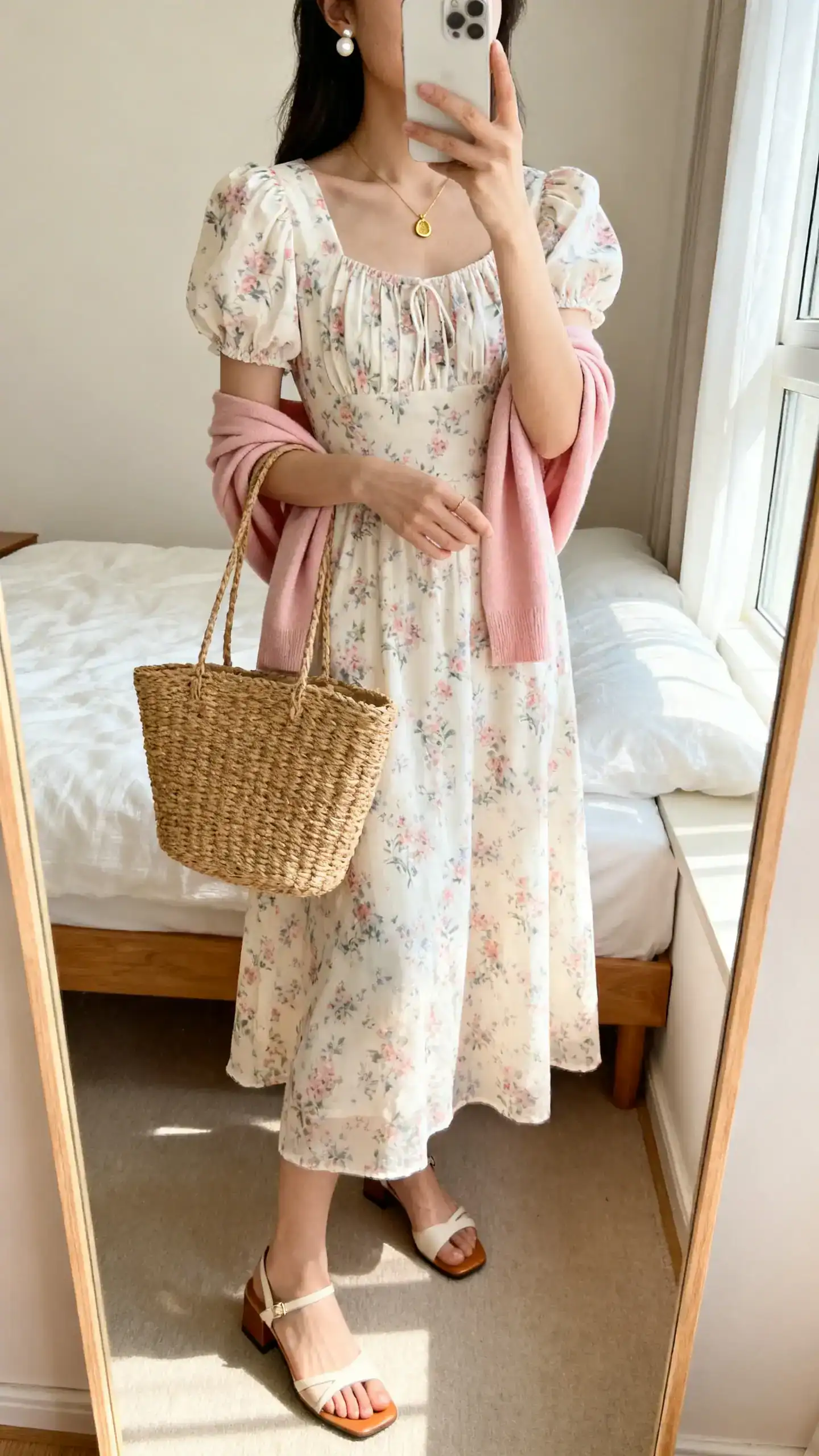 iPhone mirror selfie of a woman wearing a floral tea dress with puff sleeves, pastel cardigan draped over shoulders, low block-heel sandals, pearl stud earrings, woven straw tote, and a delicate gold pendant; face not visible, cropped at neck, bedroom mirror, morning window light, iPhone photo quality.