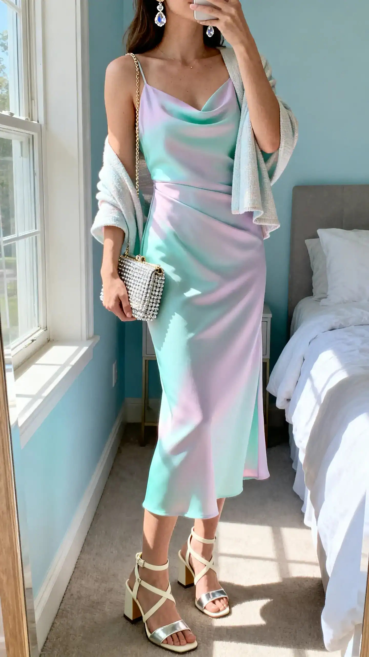 iPhone mirror selfie of a woman wearing a pastel bias-cut slip dress (mint/blush/lavender/sky blue), strappy block-heel sandals in metallic or cream, delicate crystal drop earrings, a mini shoulder bag or beaded clutch, and a light shawl or cropped cardigan; face not visible, cropped at neck, bedroom mirror with natural window light, iPhone photo quality.