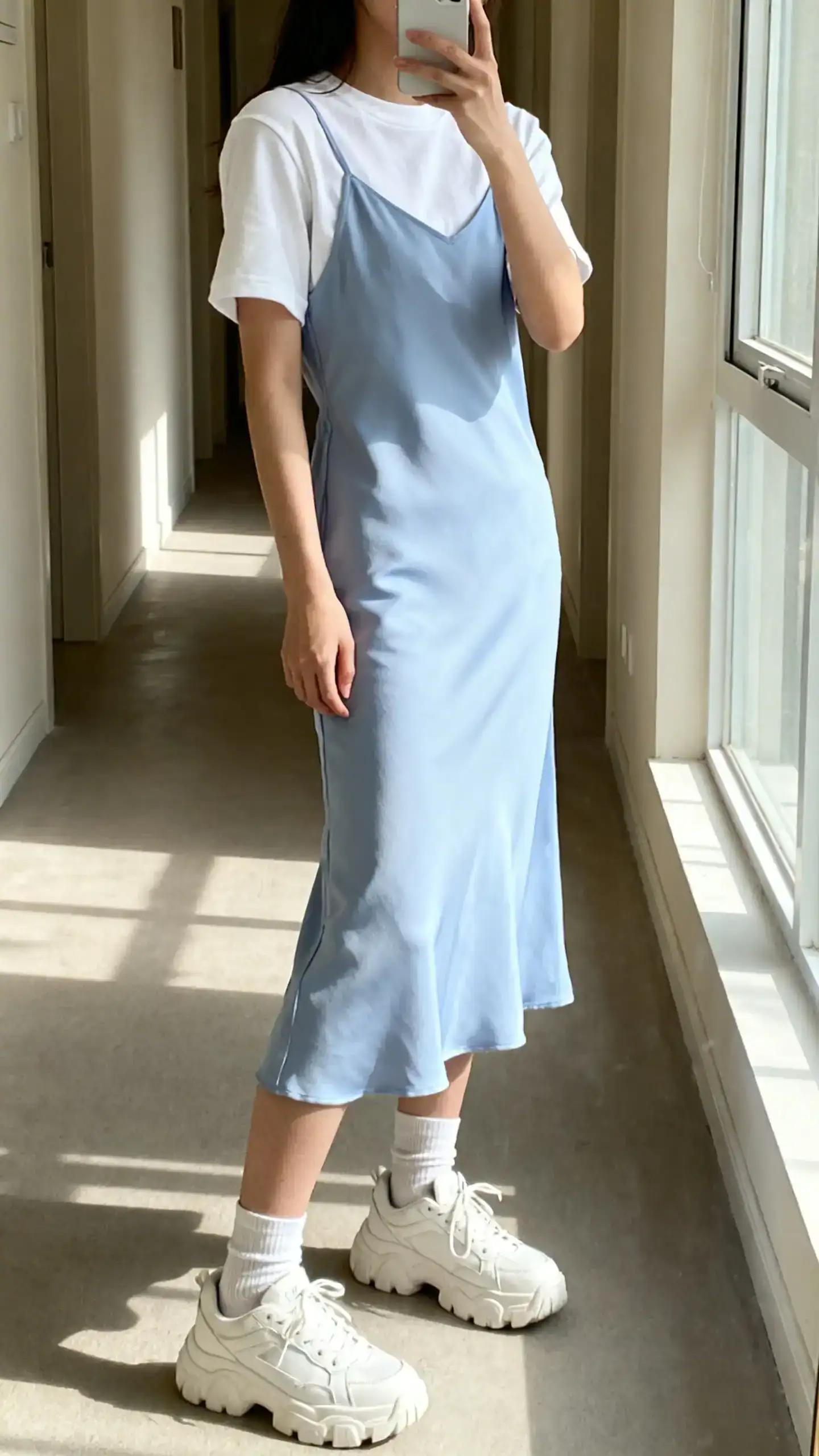 iPhone mirror selfie of a woman wearing a periwinkle slip dress layered over a white crewneck tee with chunky white sneakers and ankle socks, face not visible, side angle, hallway mirror, natural window light, iPhone photo quality