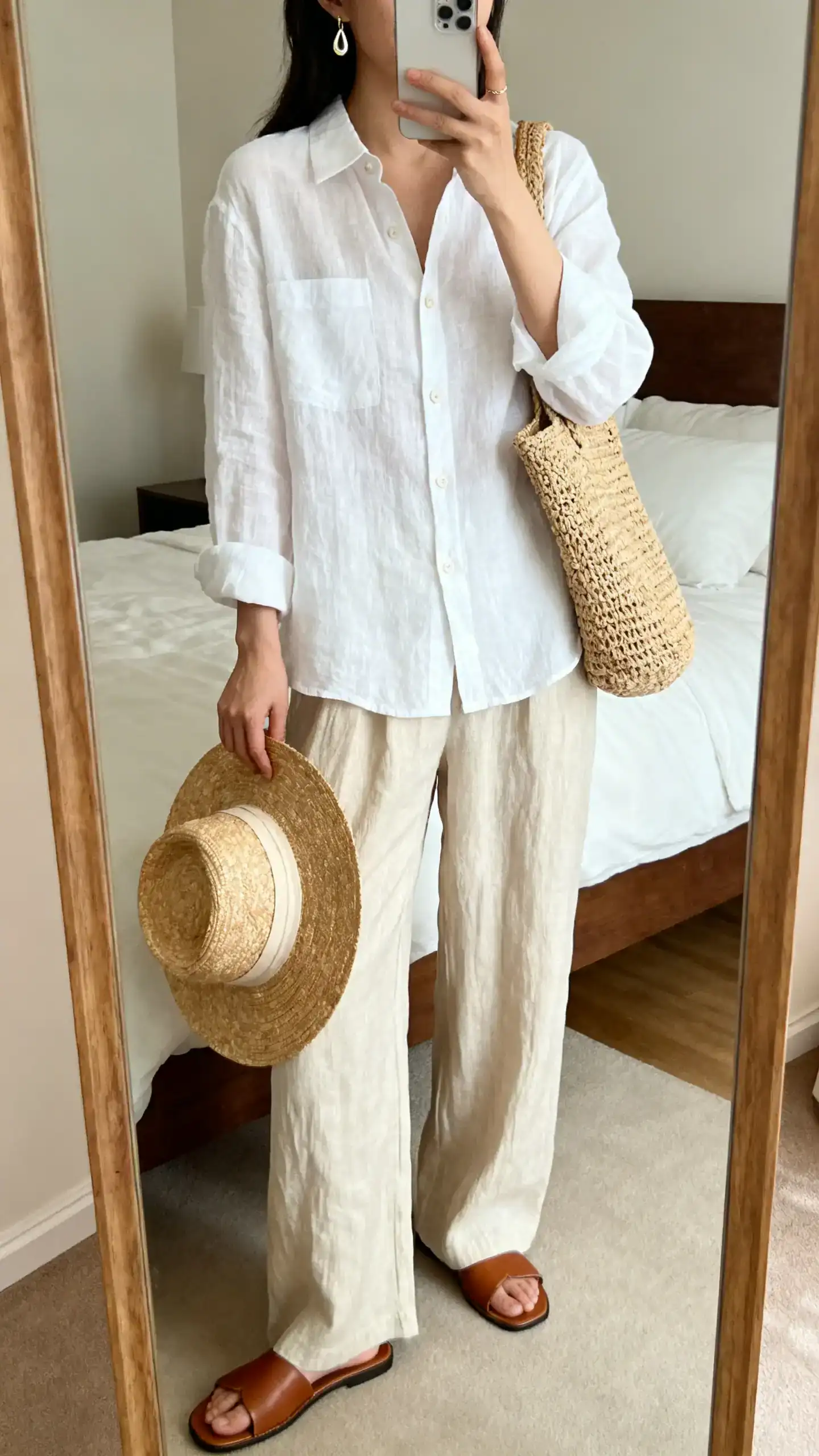 iPhone mirror selfie of a woman wearing a white linen-blend button-down with linen-blend wide-leg trousers, leather slides, a raffia tote, a straw hat in hand, and dainty drop earrings, face not visible, bedroom mirror, soft natural light, iPhone photo quality.