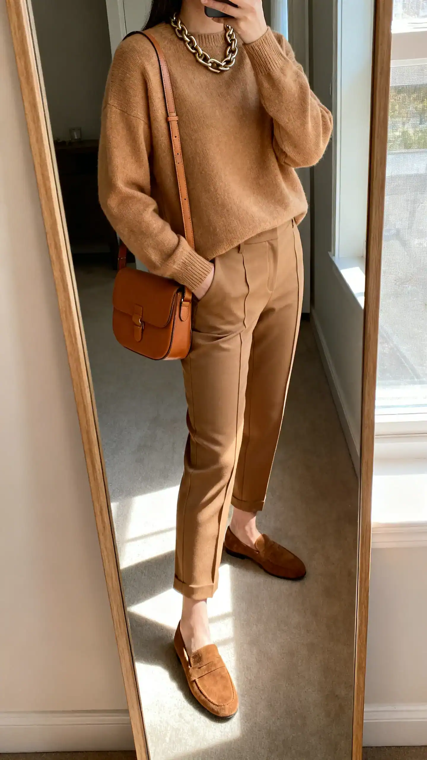 iPhone side-angle mirror selfie of a woman in a monochrome camel crewneck sweater with matching tailored ankle trousers, suede loafers, a camel leather crossbody, and a chunky chain necklace, face not visible, cropped at neck, full-length mirror, morning window light, iPhone photo quality.