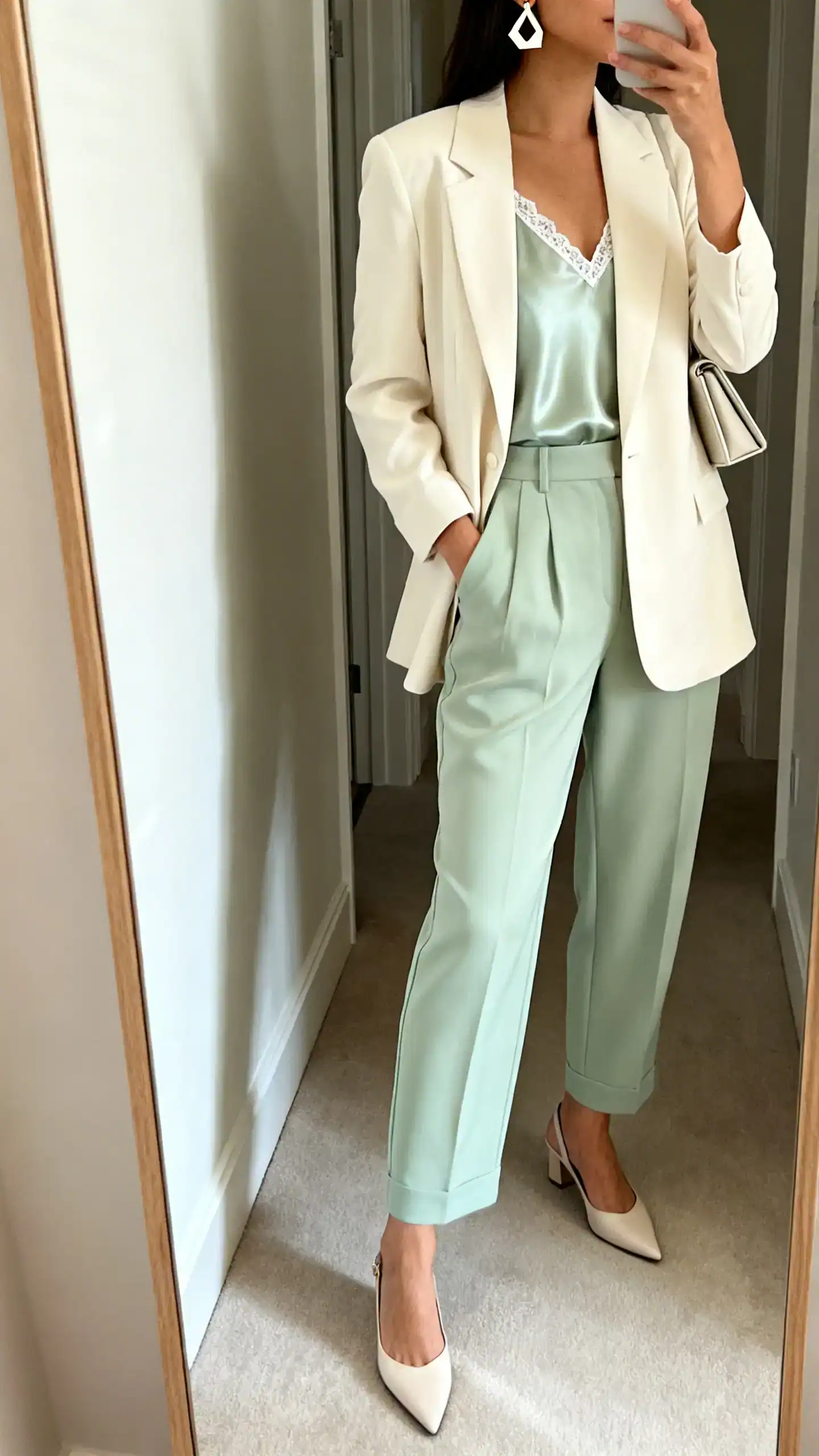 Side-angle iPhone mirror selfie of a woman wearing a relaxed pastel/cream/pale sage blazer with matching wide-leg trousers or tapered ankle pants, satin camisole (lace trim or clean V-neck), pointed-toe pumps or low slingbacks, geometric earrings, and a minimalist clutch; face not visible, cropped at shoulders, full-length mirror in hallway, indoor daylight.