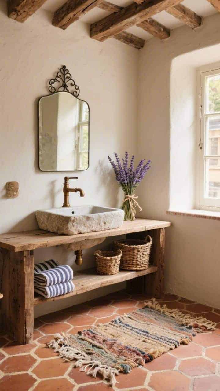 Angled corner shot of a rustic Montmartre bath: exposed ceiling beams, a stone farmhouse sink repurposed as a vanity on an open reclaimed-oak shelf base, terracotta hex floor tiles with cream grout, brushed bronze faucet, woven baskets on the lower shelf, striped Turkish towels, a handwoven rag rug underfoot, a forged-iron mirror above the sink, dried lavender tied with twine near the window; warm afternoon light, textured and cozy, photorealistic.