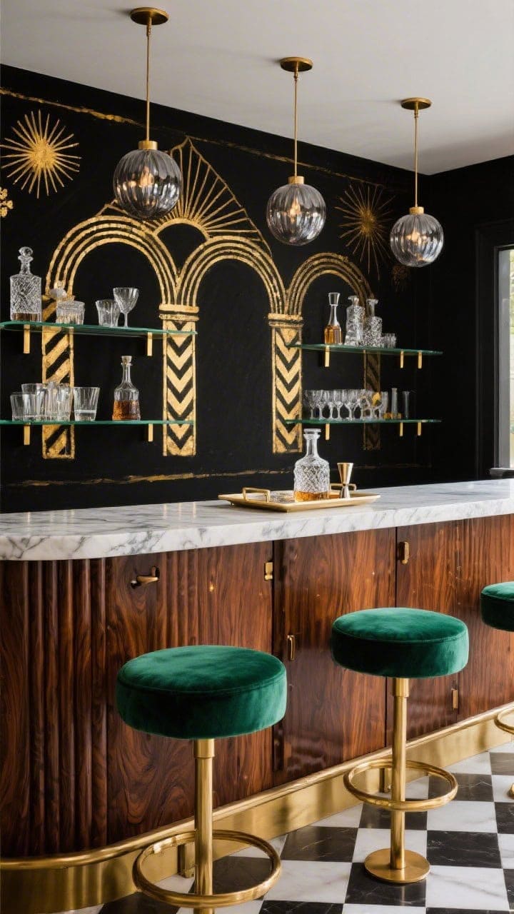 Bar area wide shot from a slight angle: matte black back wall hand-painted with a gilded mural of interlocking arches, chevrons, and rays in warm gold leaf; floating glass shelves with slim brass brackets revealing the mural behind; ribbed walnut bar cabinet; emerald velvet stools with brass bases; trio of smoked globe pendants overhead; cut crystal decanters and glassware; checkerboard marble tray for mixers; palette black, warm gold, walnut, emerald; rich, Jazz-Age glow.