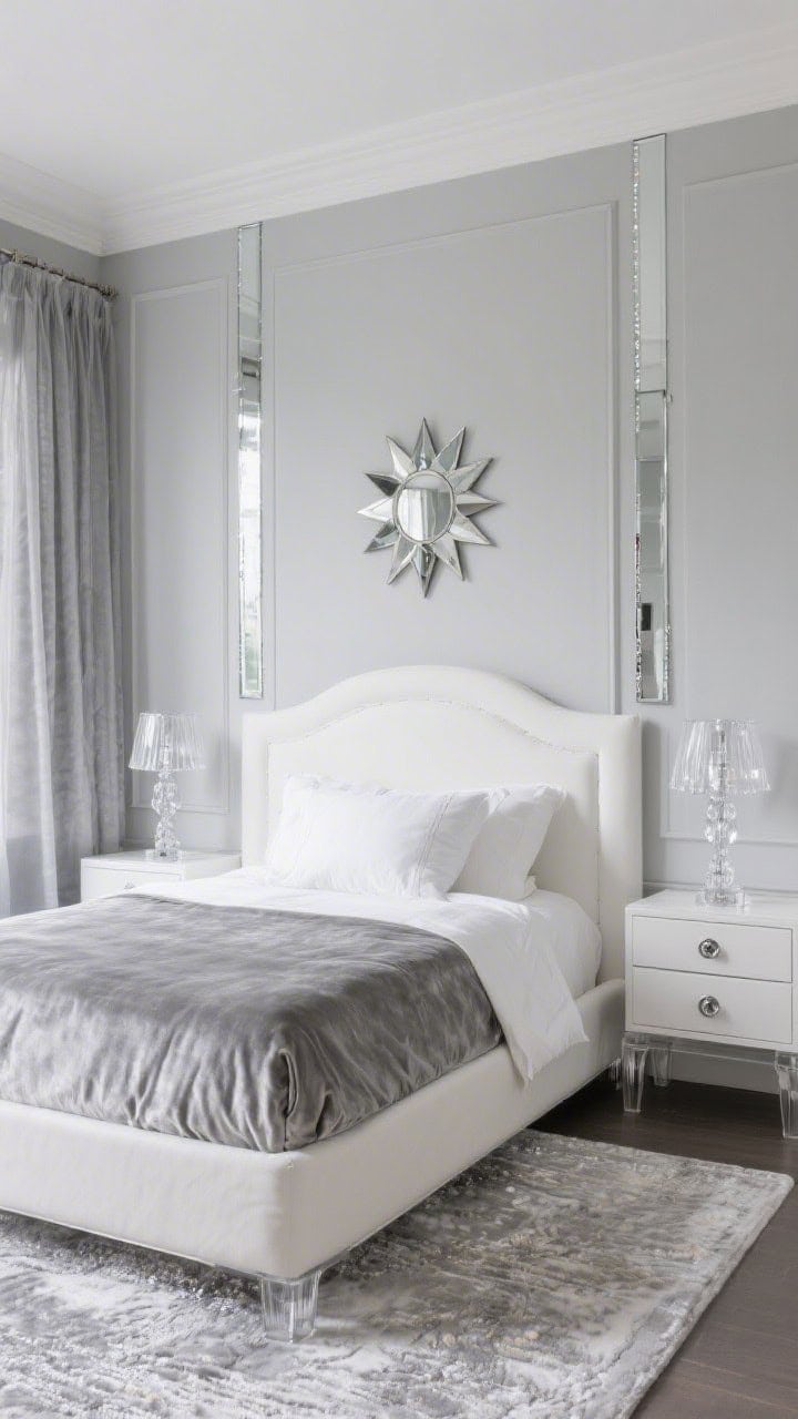 Bedroom headboard wall, straight-on medium-wide: soft dove gray wall with tall panel moldings, narrow mirror strips inlaid between panels for vertical sparkle; pewter velvet bed neatly dressed; white lacquered nightstands; crystal column lamps glowing softly; silver-thread rug underfoot; sheer gray drapes filtering light; lucite pulls with chrome caps on case pieces; brushed nickel starburst mirror above the bed; hushed, glistening ambiance.