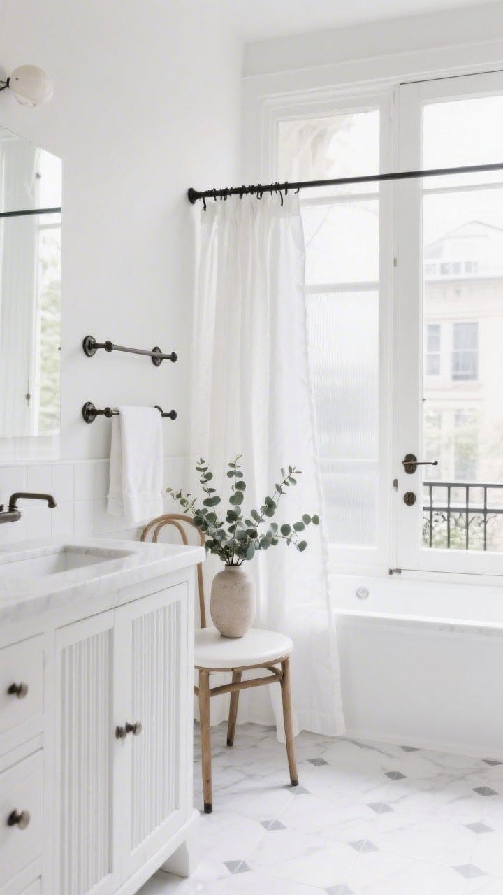 Bright, airy medium shot: clean white bathroom surfaces with soft gray grout lines and a micro-fluted vanity adding texture; wrought-iron towel bars and an airy linen shower curtain sway slightly; a French door with frosted panes filters daylight; a tiny bistro chair and a vase of eucalyptus complete the fresh balcony-breeze mood; photorealistic, light and breathable.