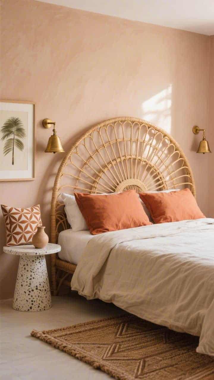 Bright daytime medium shot of a sculptural rattan headboard shaped like an Art Deco fan, woven arcs casting delicate shadows on pale clay walls; bed layered with sand linen duvet and warm terracotta shams; brass bell sconces above; terrazzo side table holding a ceramic vessel; geometric patterned lumbar pillow and framed palm frond art adjacent; flatweave rug under bed with a subtle angular border; natural rattan, terracotta, sand, brass palette.