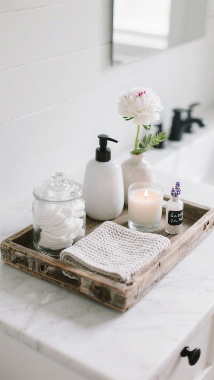 Clean, spa-like bathroom vanity closeup: a reclaimed barnwood tray lined with a folded waffle-weave hand towel; a clear apothecary jar filled with cotton rounds; a white ceramic soap dispenser with a matte black pump; a tiny bud vase with a single white peony and soft greenery; a hand-poured lavender candle in frosted glass softly lit; and a tiny chalk-labeled bottle of bath salts. Palette white, soft gray, matte black accents. Materials barnwood, glass, ceramic, cotton. Minimalist farmhouse, calming mood with diffused daylight.