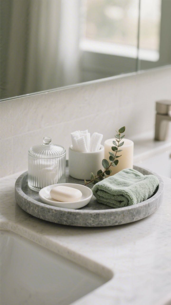 Closeup, straight-on bathroom vanity: a round soft-gray stone tray presenting a ribbed glass canister for cotton pads, a white ceramic soap dish, a tiny eucalyptus bundle, a neatly folded sage hand towel, and a light, clean candle; muted palette, spa-serene mood with diffused morning light.