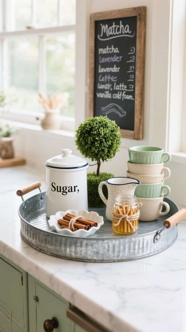 Coffee bar medium shot: a galvanized round tray with wood handles staged on a counter; a white enamel canister labeled “Sugar,” a speckled creamer pitcher, and a neat stack of stoneware mugs in soft greens and creams; a tiny faux boxwood topiary for freshness; a jar of honey sticks tied with twine; a scalloped dish filled with cinnamon sticks. A small chalkboard menu leaning behind lists “matcha, lavender latte, vanilla cold foam.” Palette cream, galvanized silver, soft sage. Materials enamelware, galvanized metal, stoneware. Functional farmhouse, café-chic with bright morning light.