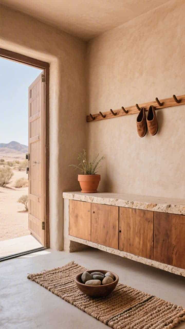 Entryway with clay plaster walls and oak peg rail.