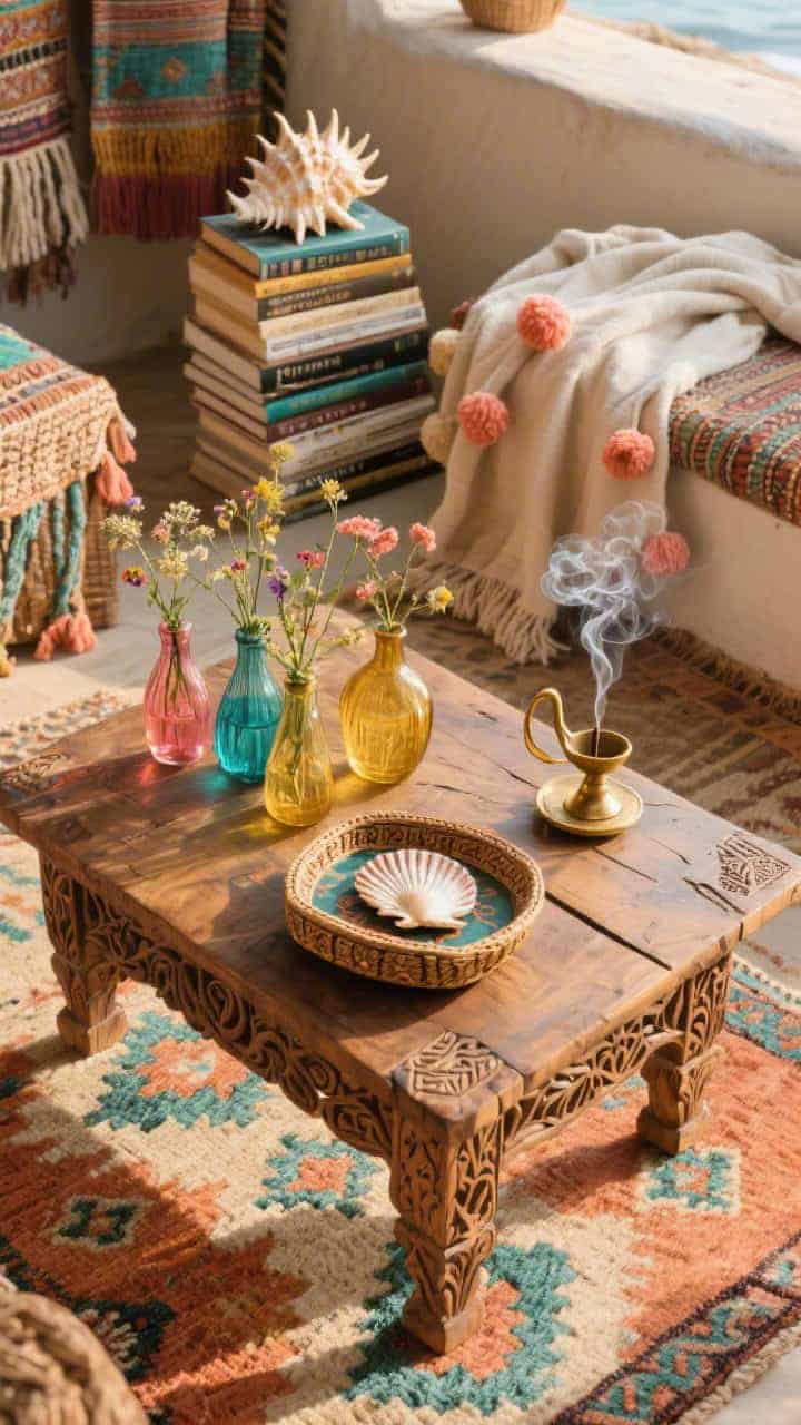 Corner-angle medium shot, boho beach bazaar setup: a vintage carved wood coffee table on a flatweave kilim rug in sun-faded terracotta and teal; a handwoven tray holds a shell-inlay box, a brass incense holder curling a wisp of smoke, and colorful glass bud vases with wildflowers; a stack of travel books topped with a chunky seashell; nearby a lightweight cotton throw with pom-poms; materials carved wood, brass, woven fiber, glass; accents coral, teal, mustard, sand; warm late-afternoon glow, collected and soulful, photorealistic.