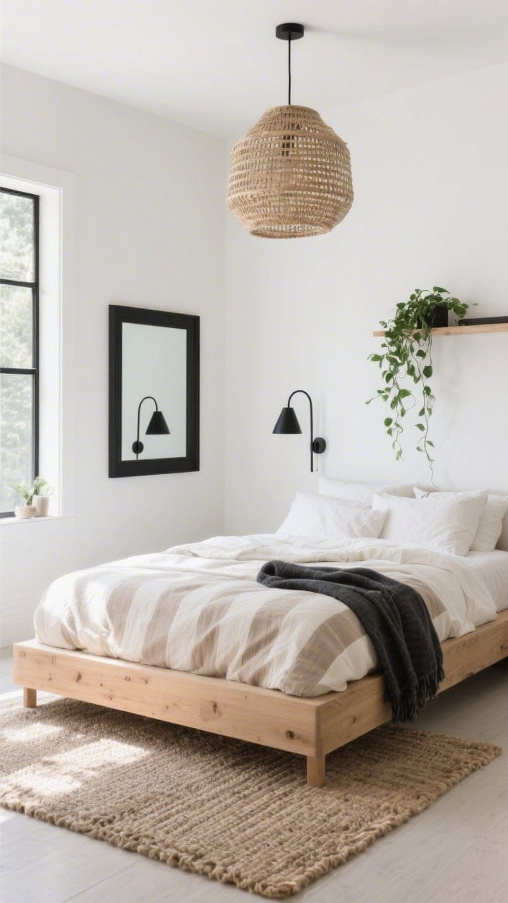 Corner angle medium shot, photorealistic “Natural Modern With Black Accents”: soft white walls, light oak platform bed, ecru linen bedding, barely-there taupe striped cotton duvet, charcoal throw; black metal sconces framing the bed, a large woven pendant overhead, jute-and-wool rug beneath; a charcoal-framed mirror reflecting light; trailing pothos on a wall shelf; balanced natural tones with crisp black details; bright, calm daylight.