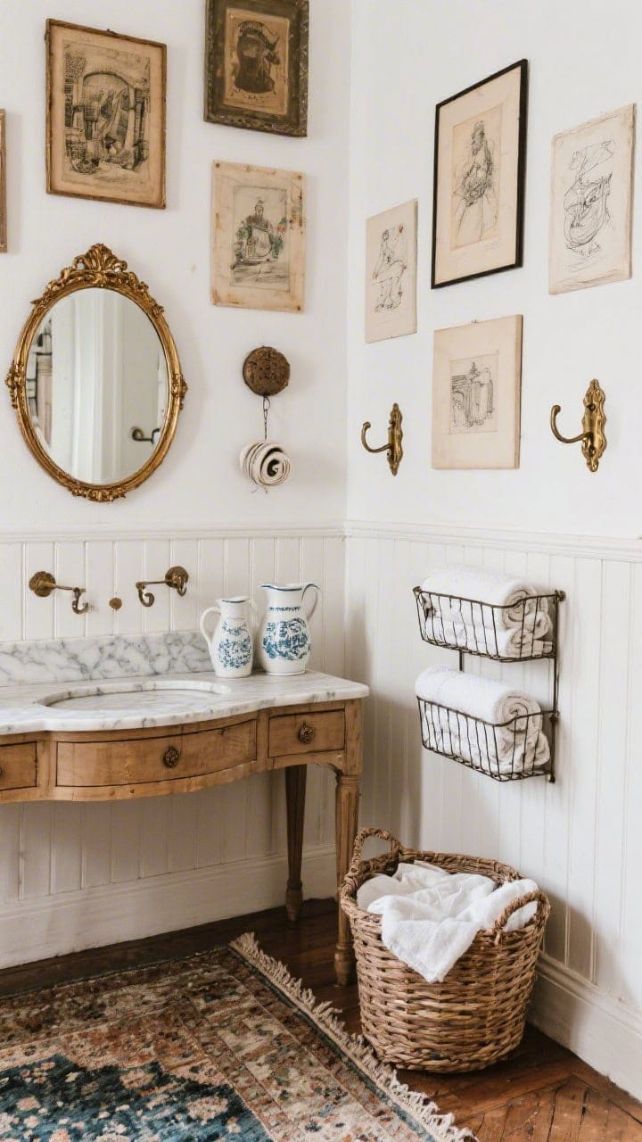 Corner medium shot of an eclectic Paris flea market mix: white beadboard wainscoting and a mottled vintage rug underfoot; a marble-topped dresser turned vanity with an oval gilt mirror above; porcelain pitchers and a wire antique shelf holding folded towels; quirky framed sketches layered on the wall; aged brass hooks with rolled linens in a basket; photorealistic, collected charm.