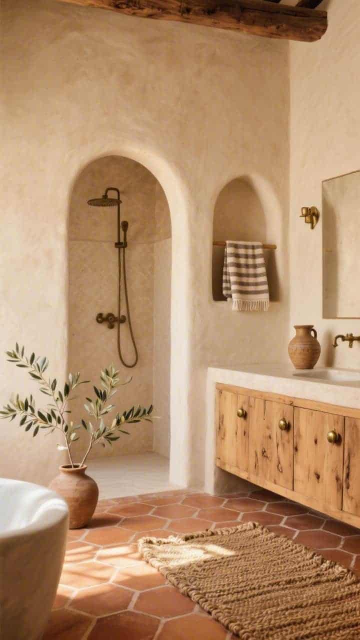 Corner wide shot: Warm Mediterranean retreat with hex terracotta floor tiles in sun-baked tones; pale sand tadelakt-style plaster walls and shower; a curved arch doorway framing the space; chunky natural wood vanity with hammered brass pulls; arched niche, striped Turkish towel, ceramic jug on the counter; woven rug and an olive branch stem in a vase; soft golden afternoon light emphasizing texture; photorealistic.