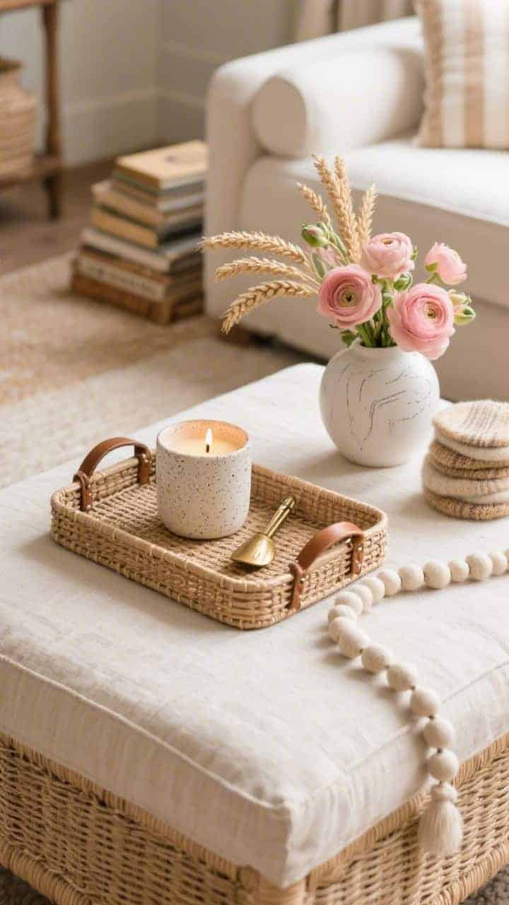 Cozy living room coffee table medium shot: a rectangular rattan tray with leather handles centered on a linen ottoman; a stack of vintage-style books with deckled edges creating height; atop the books, a speckled ceramic candle with a soft vanilla glow and an aged brass match striker; on the other side, a low faux ranunculus arrangement in a chalky white vase; grain sack stripe coasters neatly stacked; a felted wool bead garland tucked along the edge. Palette of wheat, cream, soft blush, and brass. Tactile rattan, linen, ceramic, aged metals. Soft afternoon light, comfy and curated vibe.