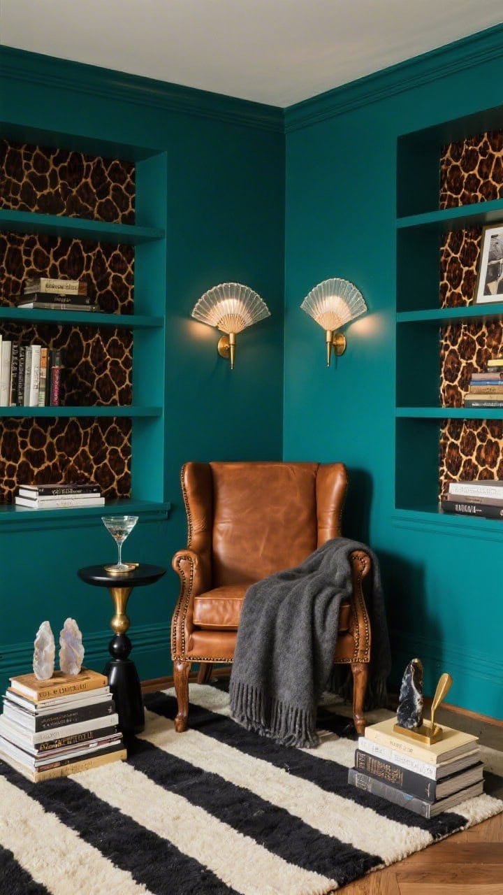 Cozy reading nook, medium shot from a corner angle: walls painted saturated petrol teal; built-in shelves with backs lined in tortoiseshell-patterned wallpaper; cigar-brown leather wingback chair; blackened brass martini table holding a glass and book; two fan-shaped sconces with frosted glass casting warm light; striped wool rug in cream and black; stacked art books, agate bookends, brass bookmark; graphite cashmere throw draped over chair.