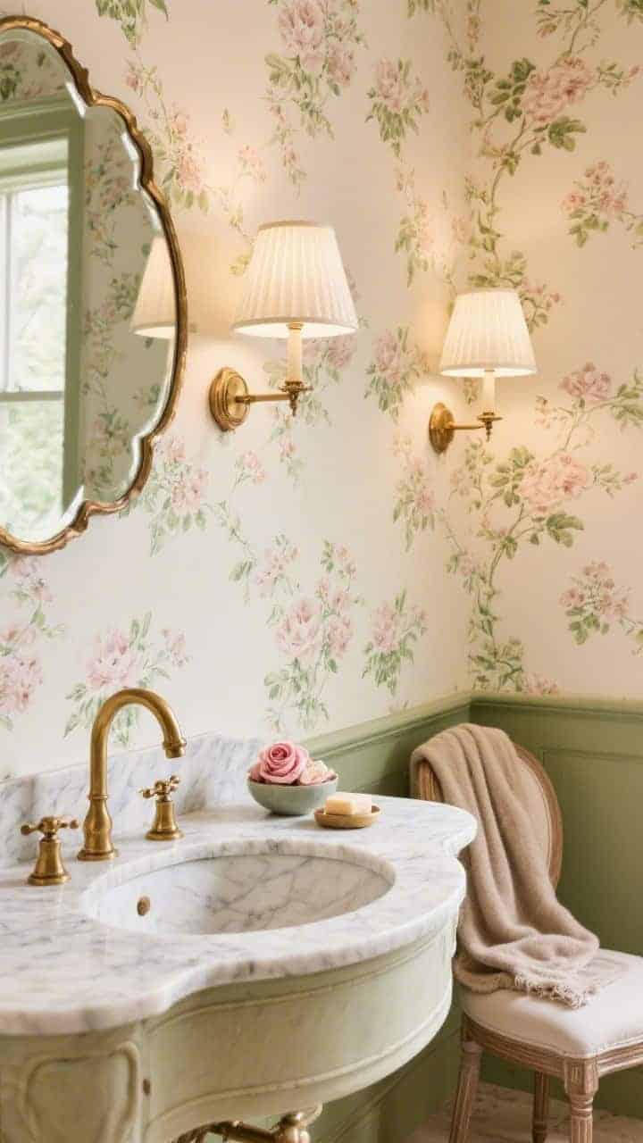 Detail closeup: A subtle floral wallpaper (cream with delicate blush and mossy green) behind a marble-top vanity with softly rounded edges. Show curvy brass faucets, a scalloped mirror edge, and pleated ivory lampshades casting warm light over sconces. Include a petite bistro chair edge draped with a cashmere throw and a small bowl of rose soaps on the counter. Romantic Belle Époque curves, warm brass, creamy marble.