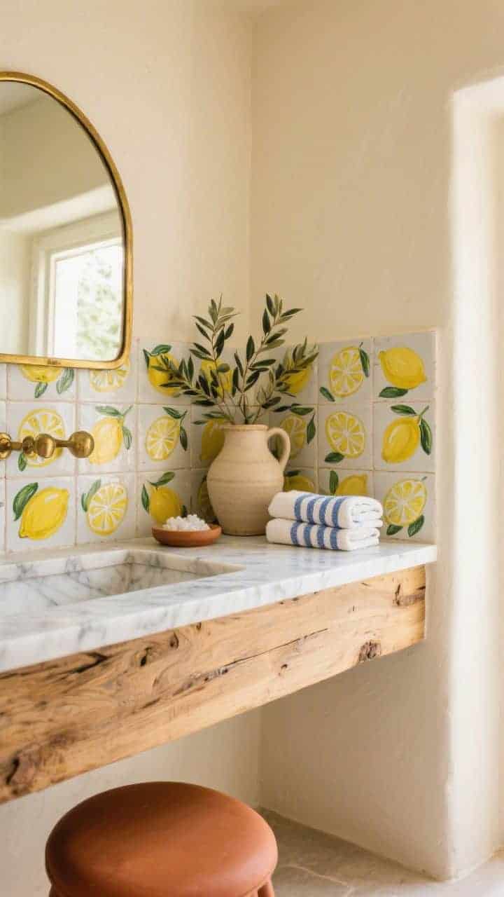 Detail closeup, angled: Hand-painted lemon tile backsplash with vibrant lemon motifs beside buttery cream walls, the edge of a raw oak vanity topped with marble, brass arch mirror frame catching light, olive branches in a ceramic jug on the counter, linen hand towels with blue stripes folded neatly, a terracotta stool nearby holding bath salts; warm Mediterranean light; materials terracotta, oak, marble, ceramic highlighted.